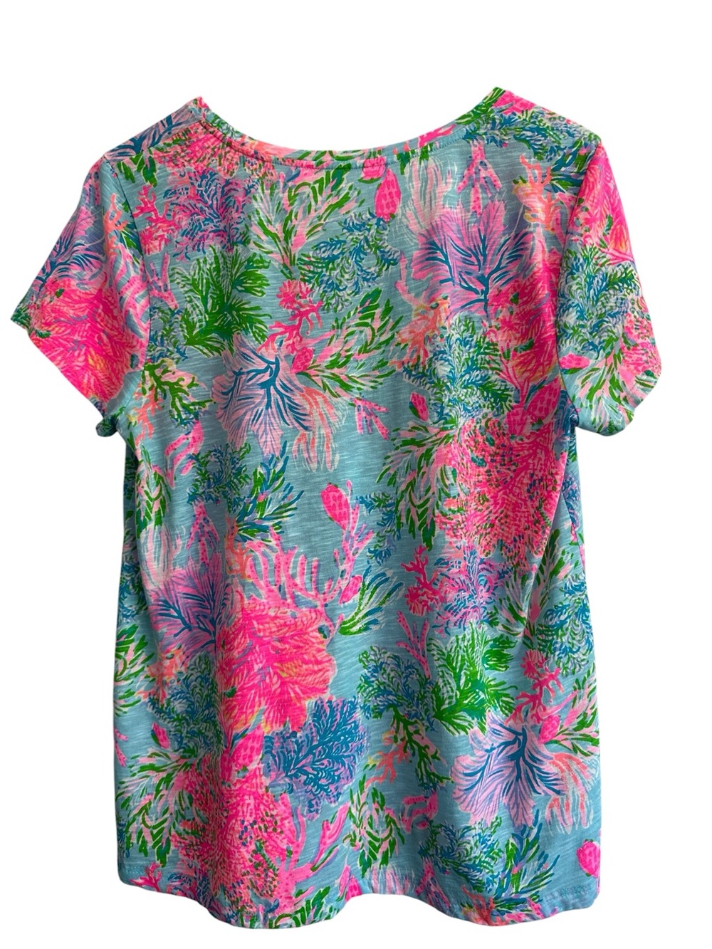 Lilly Pulitzer Shirt Large Etta V neck Celestial Blue Cay to my Heart Tropical - Picture 6 of 6